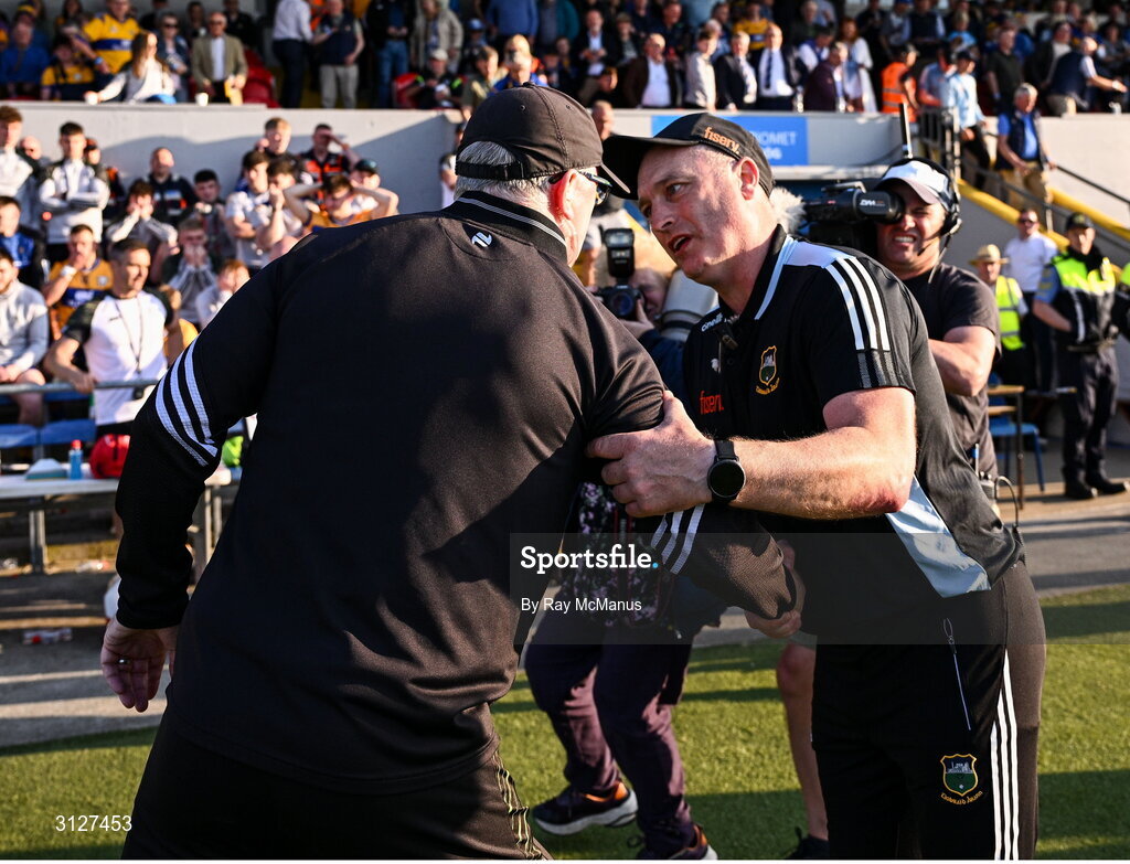 10 May 2025; Clare manager Brian Lohan and Tipperary manager Liam Cahill after the Munster GAA Hurling Senior Championship Round 3 match between Clare and Tipperary at Zimmer Biomet Páirc Chíosóg in Ennis, Clare. Photo by Ray McManus/Sportsfile