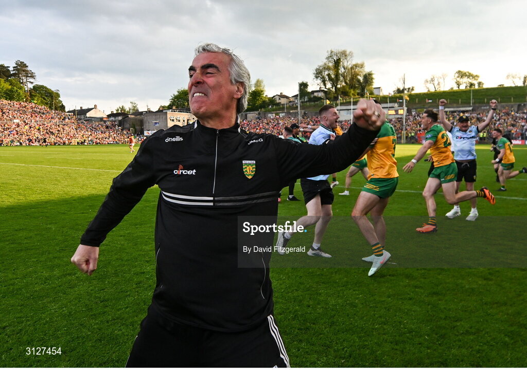 10 May 2025; Donegal manager Jim McGuinness celebrates at the final whistle after winning the Ulster GAA Football Senior Championship final match between Armagh and Donegal at St Tiernach's Park in Clones, Monaghan. Photo by David Fitzgerald/Sportsfile