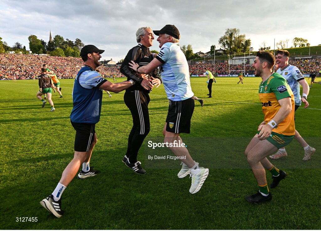 10 May 2025; Donegal manager Jim McGuinness celebrates at the final whistle after winning the Ulster GAA Football Senior Championship final match between Armagh and Donegal at St Tiernach's Park in Clones, Monaghan. Photo by David Fitzgerald/Sportsfile