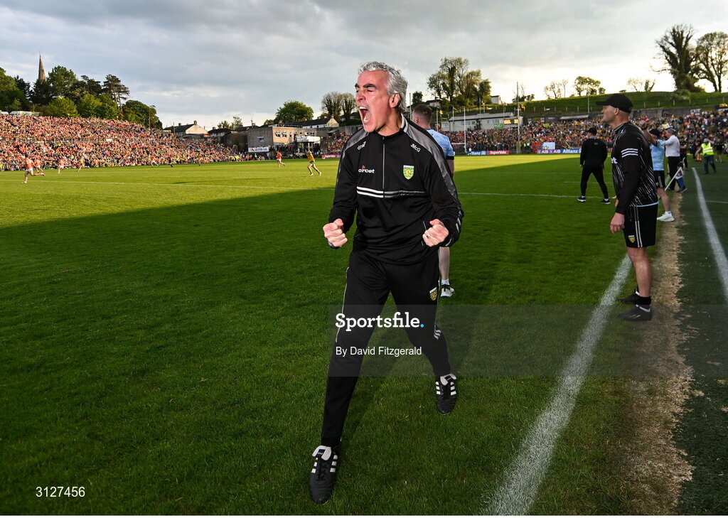 10 May 2025; Donegal manager Jim McGuinness celebrates at the final whistle after winning the Ulster GAA Football Senior Championship final match between Armagh and Donegal at St Tiernach's Park in Clones, Monaghan. Photo by David Fitzgerald/Sportsfile