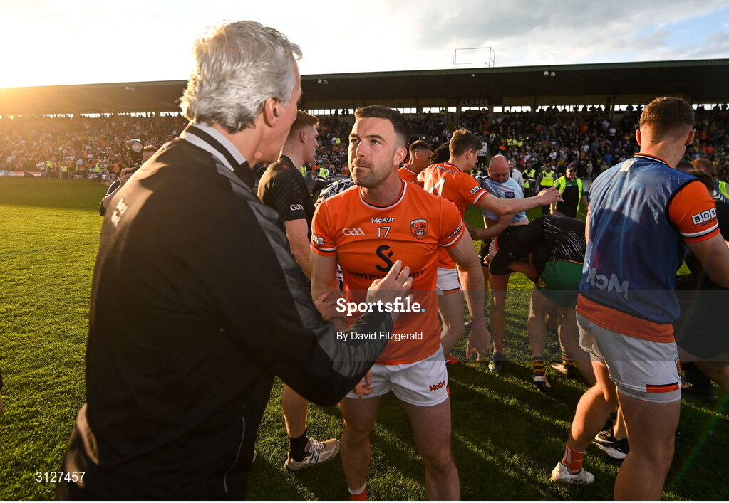 10 May 2025; Armagh captain Aidan Forker confronts Donegal manager Jim McGuinness as a tussle breaks out after the Ulster GAA Football Senior Championship final match between Armagh and Donegal at St Tiernach's Park in Clones, Monaghan. Photo by David Fitzgerald/Sportsfile