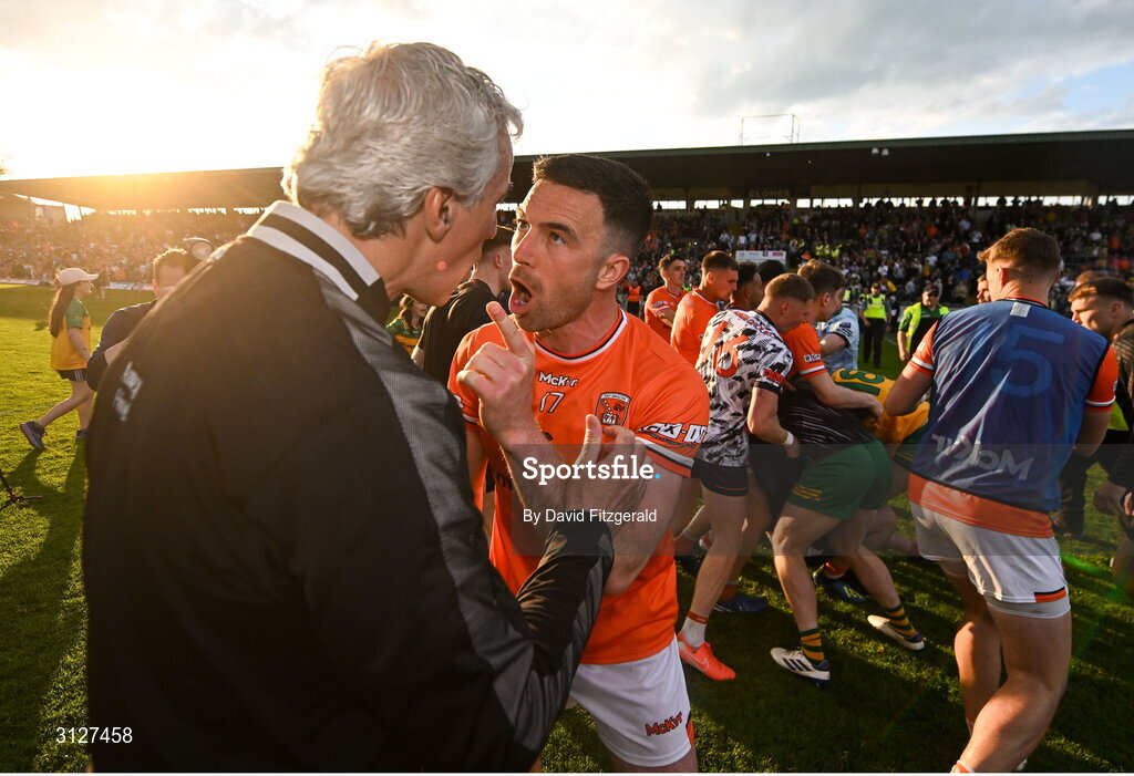 10 May 2025; Armagh captain Aidan Forker confronts Donegal manager Jim McGuinness as a tussle breaks out after the Ulster GAA Football Senior Championship final match between Armagh and Donegal at St Tiernach's Park in Clones, Monaghan. Photo by David Fitzgerald/Sportsfile