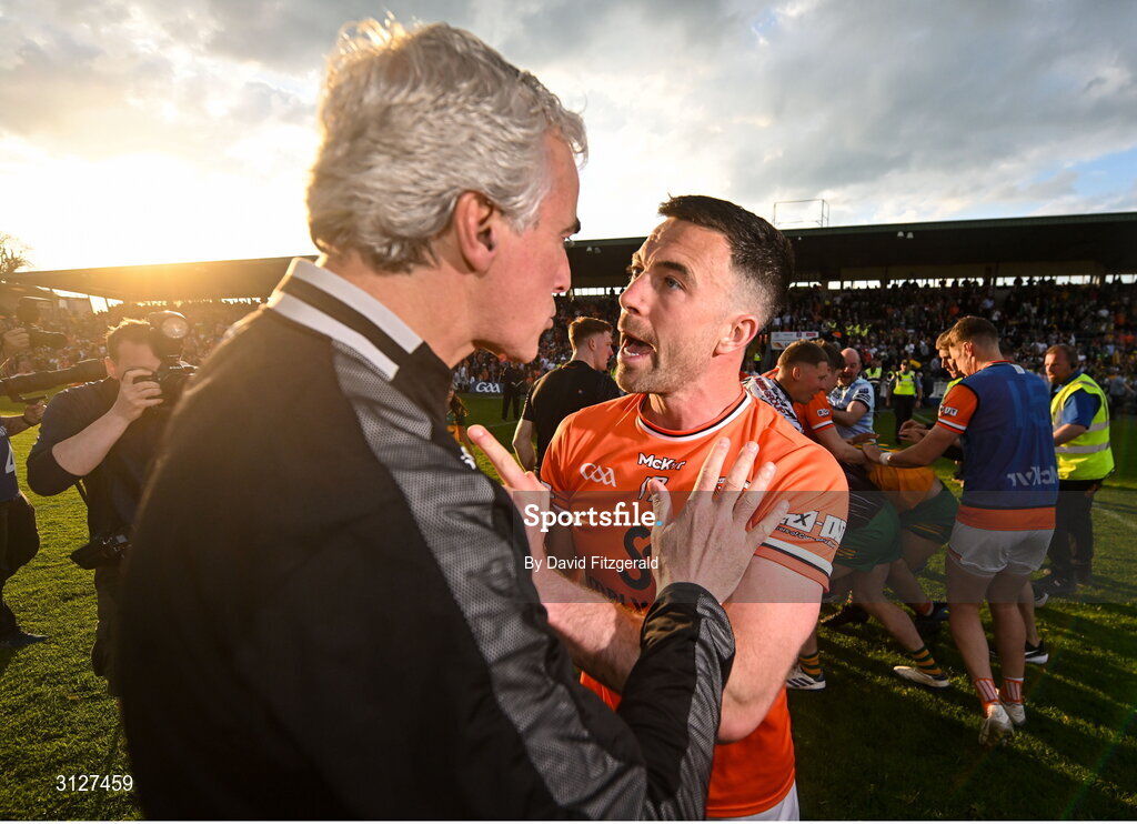 10 May 2025; Armagh captain Aidan Forker confronts Donegal manager Jim McGuinness as a tussle breaks out after the Ulster GAA Football Senior Championship final match between Armagh and Donegal at St Tiernach's Park in Clones, Monaghan. Photo by David Fitzgerald/Sportsfile