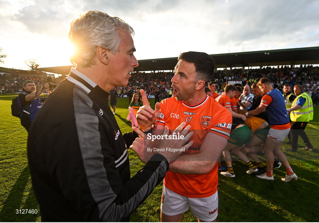 10 May 2025; Armagh captain Aidan Forker confronts Donegal manager Jim McGuinness as a tussle breaks out after the Ulster GAA Football Senior Championship final match between Armagh and Donegal at St Tiernach's Park in Clones, Monaghan. Photo by David Fitzgerald/Sportsfile