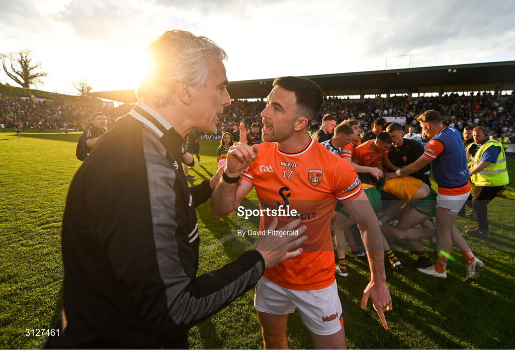 10 May 2025; Armagh captain Aidan Forker confronts Donegal manager Jim McGuinness as a tussle breaks out after the Ulster GAA Football Senior Championship final match between Armagh and Donegal at St Tiernach's Park in Clones, Monaghan. Photo by David Fitzgerald/Sportsfile