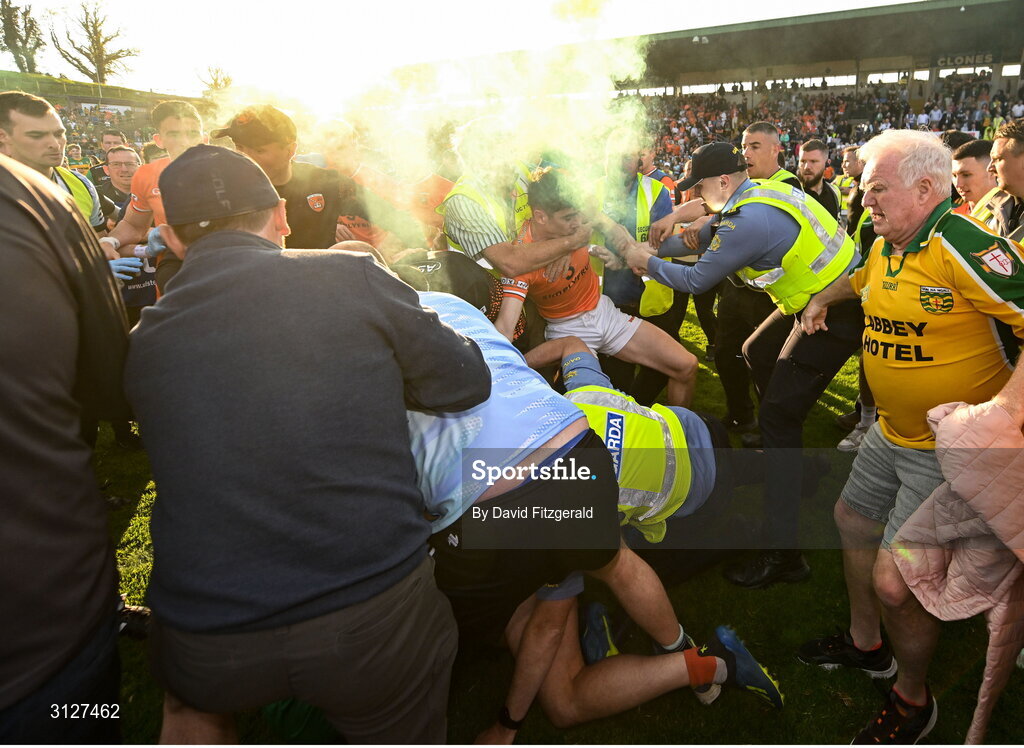10 May 2025; Players from both sides tussle after the Ulster GAA Football Senior Championship final match between Armagh and Donegal at St Tiernach's Park in Clones, Monaghan. Photo by David Fitzgerald/Sportsfile