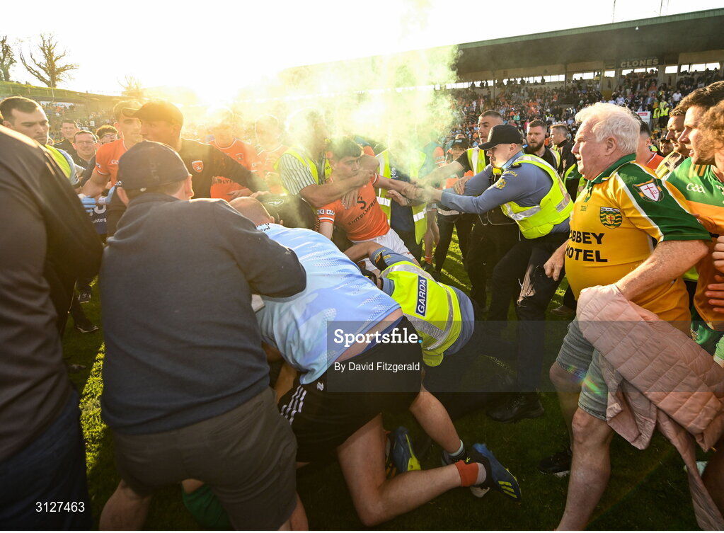10 May 2025; Players from both sides tussle after the Ulster GAA Football Senior Championship final match between Armagh and Donegal at St Tiernach's Park in Clones, Monaghan. Photo by David Fitzgerald/Sportsfile