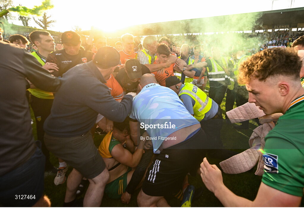 10 May 2025; Players from both sides tussle after the Ulster GAA Football Senior Championship final match between Armagh and Donegal at St Tiernach's Park in Clones, Monaghan. Photo by David Fitzgerald/Sportsfile