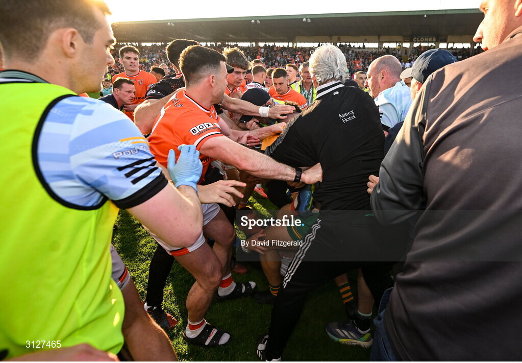 10 May 2025; Players from both sides tussle after the Ulster GAA Football Senior Championship final match between Armagh and Donegal at St Tiernach's Park in Clones, Monaghan. Photo by David Fitzgerald/Sportsfile