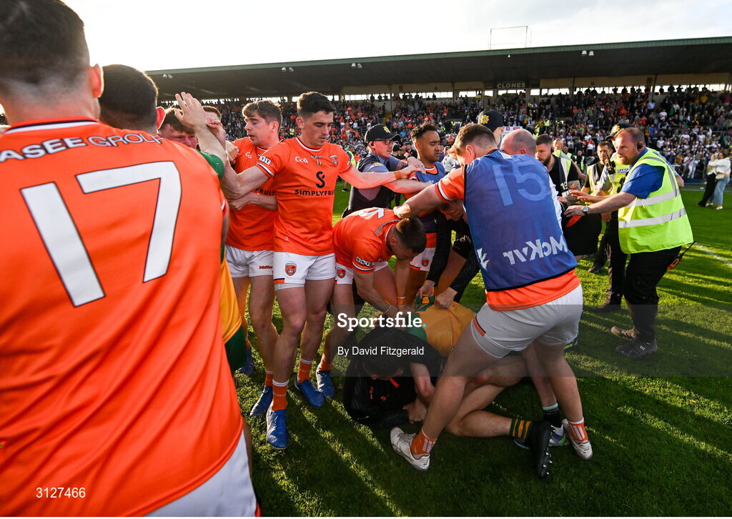 10 May 2025; Players from both sides tussle after the Ulster GAA Football Senior Championship final match between Armagh and Donegal at St Tiernach's Park in Clones, Monaghan. Photo by David Fitzgerald/Sportsfile