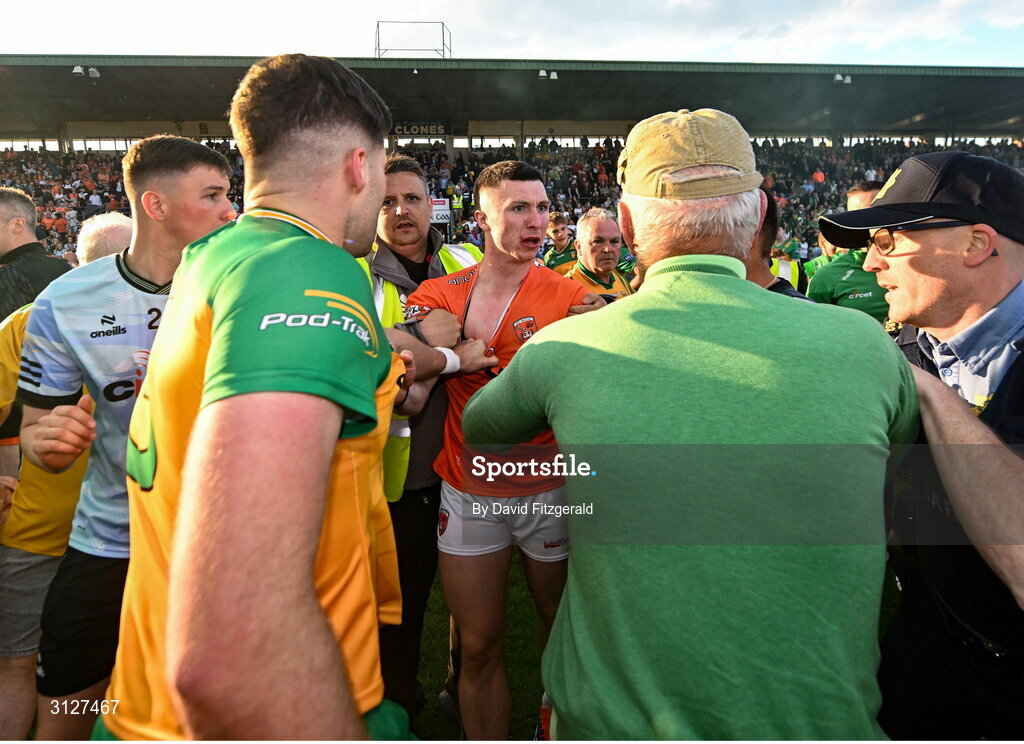 10 May 2025; Players from both sides tussle including Oisin Conaty of Armagh, centre, after the Ulster GAA Football Senior Championship final match between Armagh and Donegal at St Tiernach's Park in Clones, Monaghan. Photo by David Fitzgerald/Sportsfile