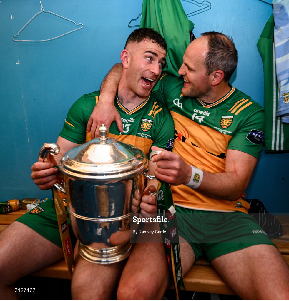 10 May 2025; Patrick McBrearty, left, and Michael Murphy of Donegal with the Anglo-Celt Cup in the dressing room after the Ulster GAA Football Senior Championship final match between Armagh and Donegal at St Tiernach's Park in Clones, Monaghan. Photo by Ramsey Cardy/Sportsfile
