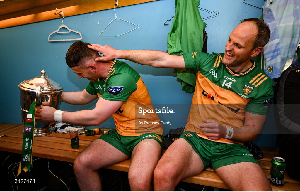10 May 2025; Patrick McBrearty, left, and Michael Murphy of Donegal with the Anglo-Celt Cup in the dressing room after the Ulster GAA Football Senior Championship final match between Armagh and Donegal at St Tiernach's Park in Clones, Monaghan. Photo by Ramsey Cardy/Sportsfile