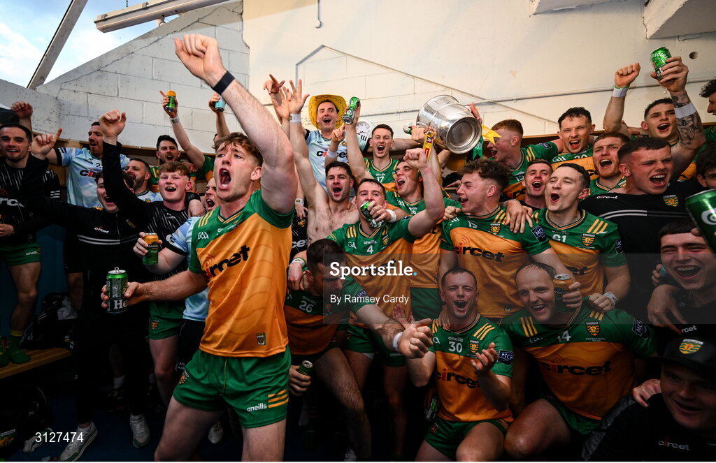 10 May 2025; The Donegal team celebrate with the Anglo-Celt Cup in the dressing room after the Ulster GAA Football Senior Championship final match between Armagh and Donegal at St Tiernach's Park in Clones, Monaghan. Photo by Ramsey Cardy/Sportsfile