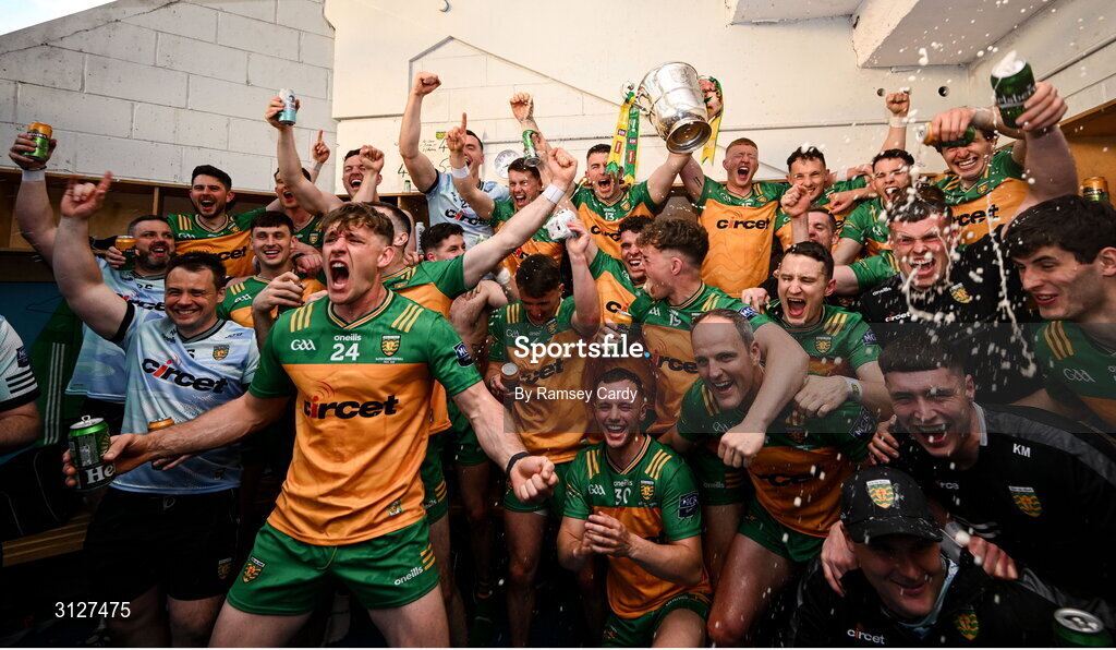 10 May 2025; The Donegal team celebrate with the Anglo-Celt Cup in the dressing room after the Ulster GAA Football Senior Championship final match between Armagh and Donegal at St Tiernach's Park in Clones, Monaghan. Photo by Ramsey Cardy/Sportsfile