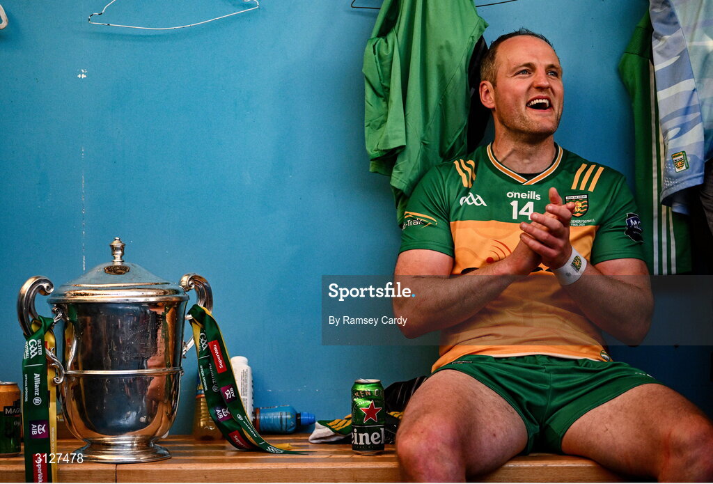 10 May 2025; Michael Murphy of Donegal with the Anglo-Celt Cup in the dressing room after the Ulster GAA Football Senior Championship final match between Armagh and Donegal at St Tiernach's Park in Clones, Monaghan. Photo by Ramsey Cardy/Sportsfile