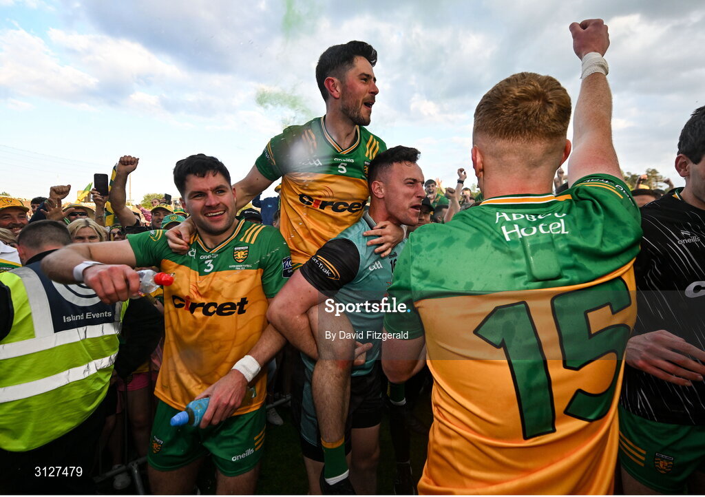 10 May 2025; Donegal players celebrate after the Ulster GAA Football Senior Championship final match between Armagh and Donegal at St Tiernach's Park in Clones, Monaghan. Photo by David Fitzgerald/Sportsfile