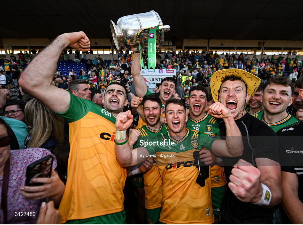 10 May 2025; Donegal players celebrate after the Ulster GAA Football Senior Championship final match between Armagh and Donegal at St Tiernach's Park in Clones, Monaghan. Photo by David Fitzgerald/Sportsfile