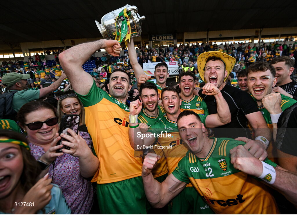 10 May 2025; Donegal players celebrate with the cup after the Ulster GAA Football Senior Championship final match between Armagh and Donegal at St Tiernach's Park in Clones, Monaghan. Photo by David Fitzgerald/Sportsfile