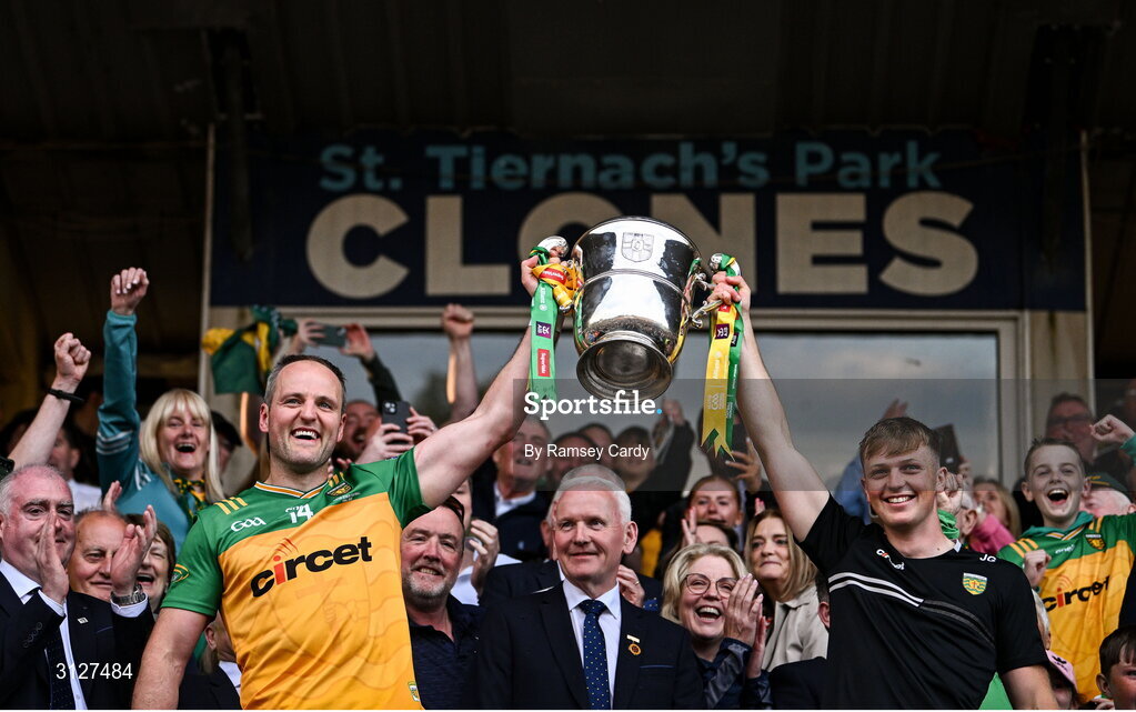 10 May 2025; Michael Murphy, left, and Jack Gallagher of Donegal lift the Anglo-Celt Cup after the Ulster GAA Football Senior Championship final match between Armagh and Donegal at St Tiernach's Park in Clones, Monaghan. Photo by Ramsey Cardy/Sportsfile
