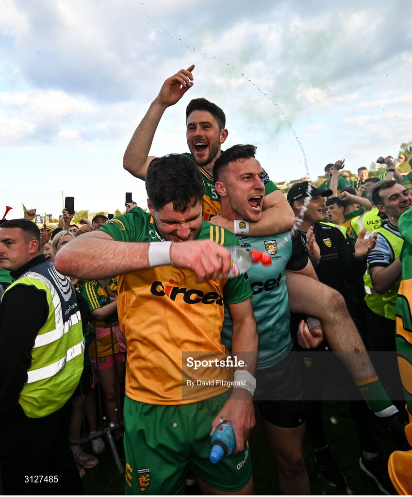 10 May 2025; Donegal players celebrate after the Ulster GAA Football Senior Championship final match between Armagh and Donegal at St Tiernach's Park in Clones, Monaghan. Photo by David Fitzgerald/Sportsfile