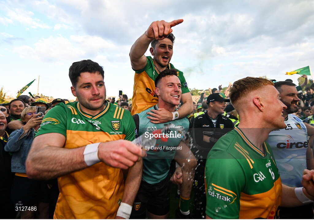 10 May 2025; Donegal players celebrate after the Ulster GAA Football Senior Championship final match between Armagh and Donegal at St Tiernach's Park in Clones, Monaghan. Photo by David Fitzgerald/Sportsfile
