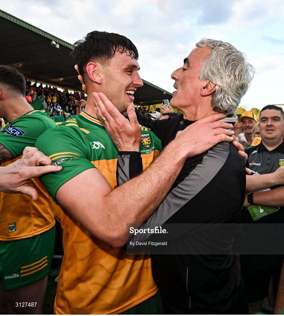 10 May 2025; Donegal manager Jim McGuinness celebrates with Michael Langan after the Ulster GAA Football Senior Championship final match between Armagh and Donegal at St Tiernach's Park in Clones, Monaghan. Photo by David Fitzgerald/Sportsfile