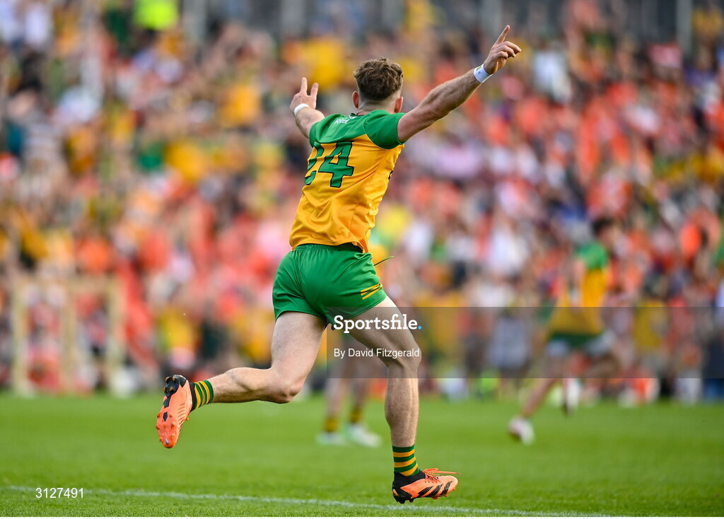 10 May 2025; Hugh McFadden of Donegal celebrates after scoring his side's first goal during the Ulster GAA Football Senior Championship final match between Armagh and Donegal at St Tiernach's Park in Clones, Monaghan. Photo by David Fitzgerald/Sportsfile