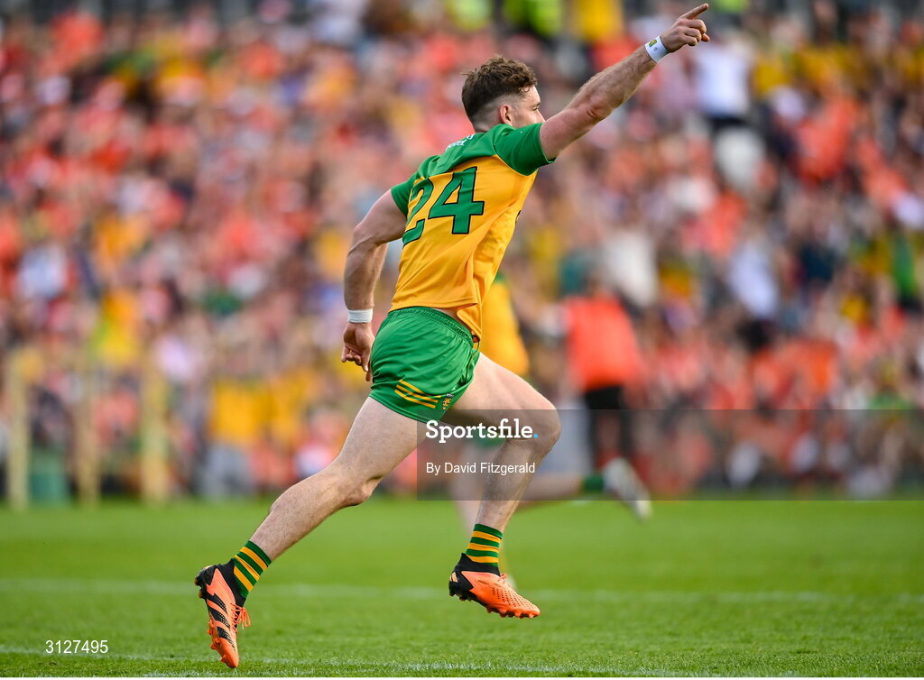 10 May 2025; Hugh McFadden of Donegal celebrates after scoring his side's first goal during the Ulster GAA Football Senior Championship final match between Armagh and Donegal at St Tiernach's Park in Clones, Monaghan. Photo by David Fitzgerald/Sportsfile