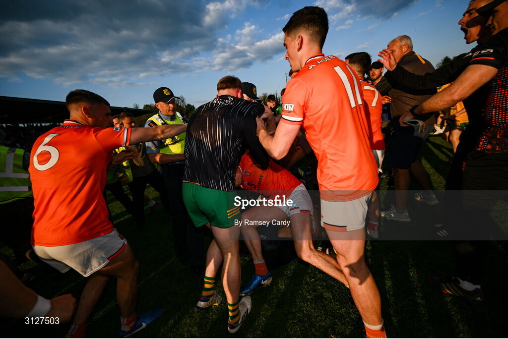 10 May 2025; Players from both teams tussle after the Ulster GAA Football Senior Championship final match between Armagh and Donegal at St Tiernach's Park in Clones, Monaghan. Photo by Ramsey Cardy/Sportsfile