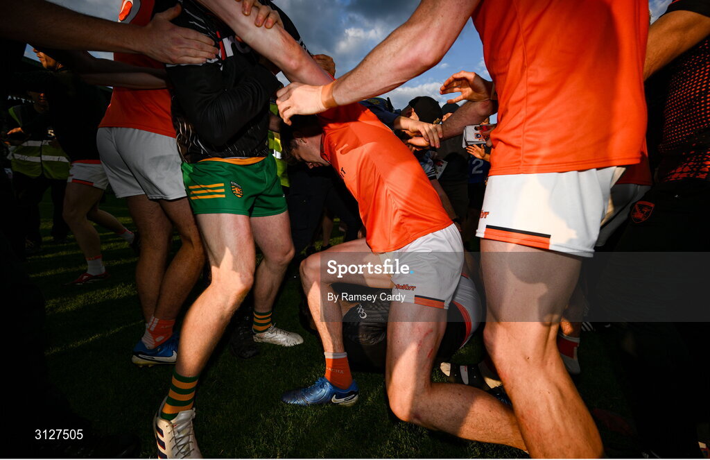 10 May 2025; Players from both teams tussle after the Ulster GAA Football Senior Championship final match between Armagh and Donegal at St Tiernach's Park in Clones, Monaghan. Photo by Ramsey Cardy/Sportsfile