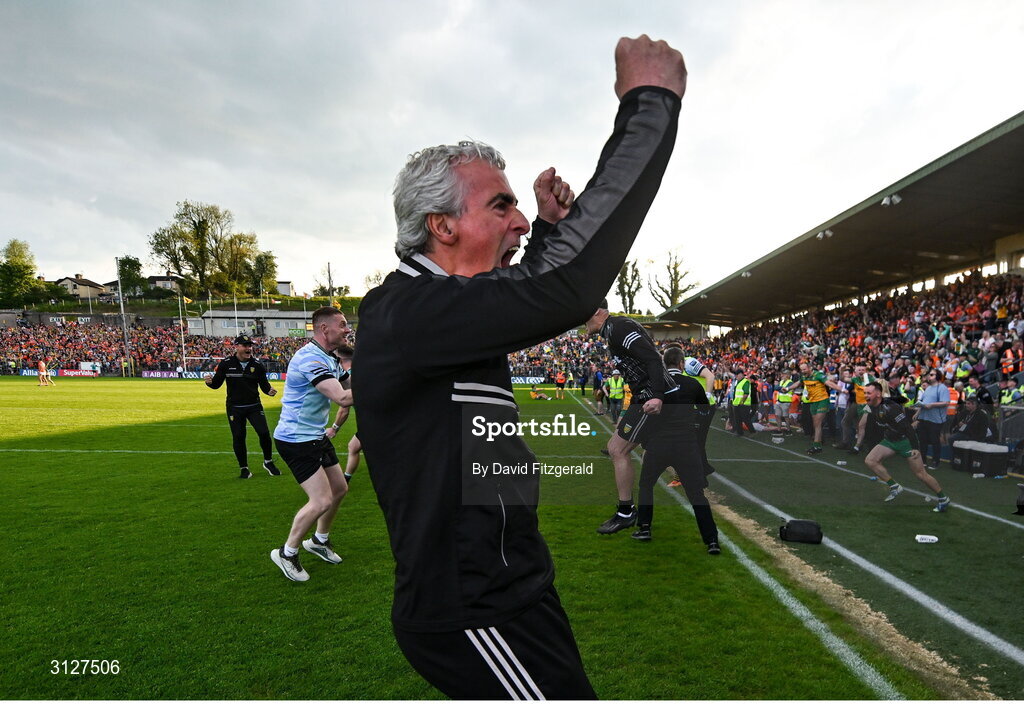 10 May 2025; Donegal manager Jim McGuinness celebrates after the Ulster GAA Football Senior Championship final match between Armagh and Donegal at St Tiernach's Park in Clones, Monaghan. Photo by David Fitzgerald/Sportsfile