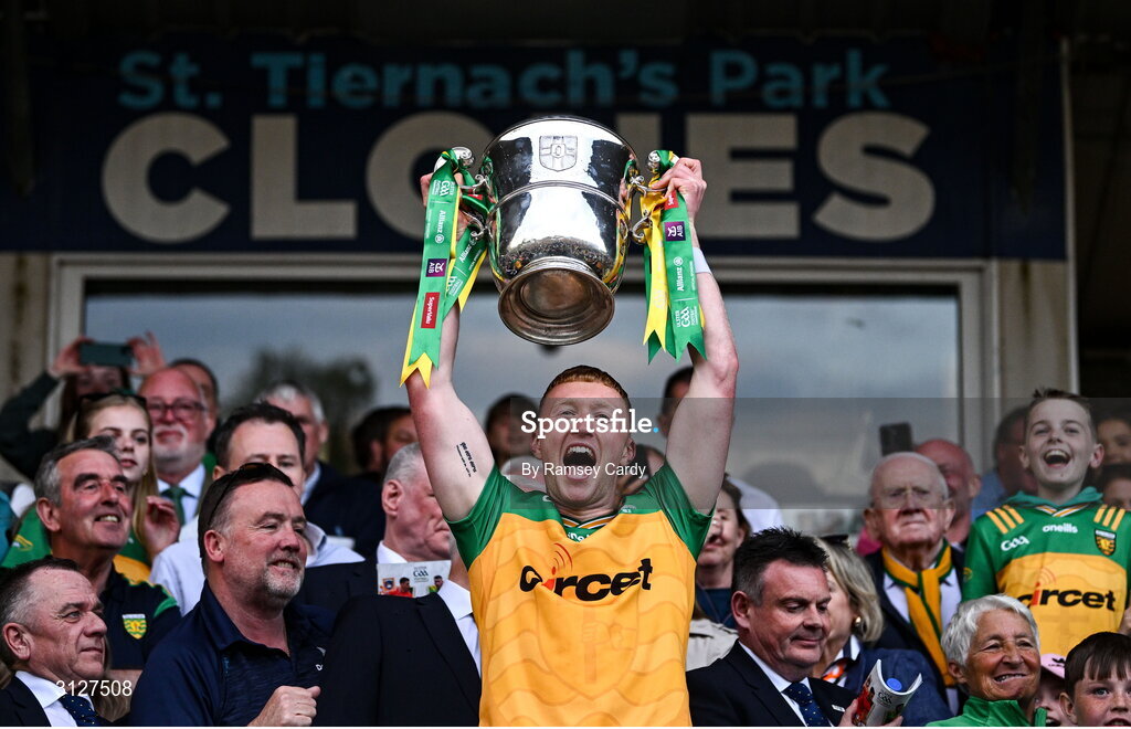 10 May 2025; Oisin Gallen of Donegal lifts the Anglo-Celt Cup after the Ulster GAA Football Senior Championship final match between Armagh and Donegal at St Tiernach's Park in Clones, Monaghan. Photo by Ramsey Cardy/Sportsfile