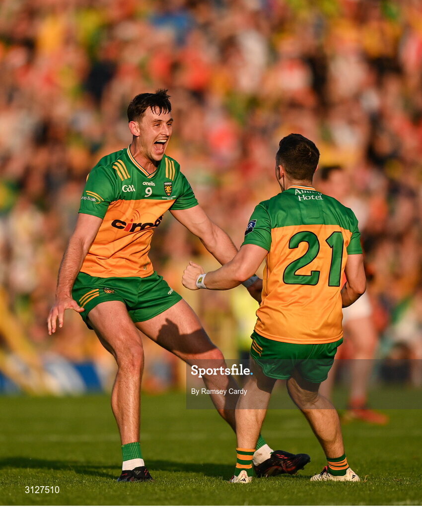 10 May 2025; Michael Langan, left, and Eoin McHugh of Donegal celebrate at the final whistle of the Ulster GAA Football Senior Championship final match between Armagh and Donegal at St Tiernach's Park in Clones, Monaghan. Photo by Ramsey Cardy/Sportsfile