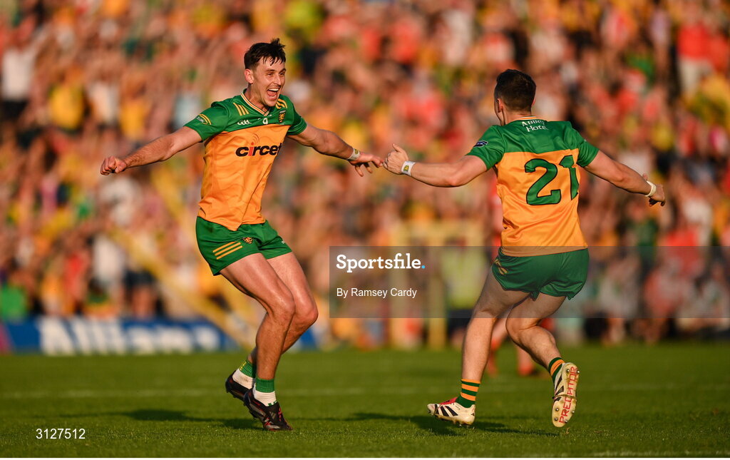 10 May 2025; Michael Langan, left, and Eoin McHugh of Donegal celebrate at the final whistle of the Ulster GAA Football Senior Championship final match between Armagh and Donegal at St Tiernach's Park in Clones, Monaghan. Photo by Ramsey Cardy/Sportsfile