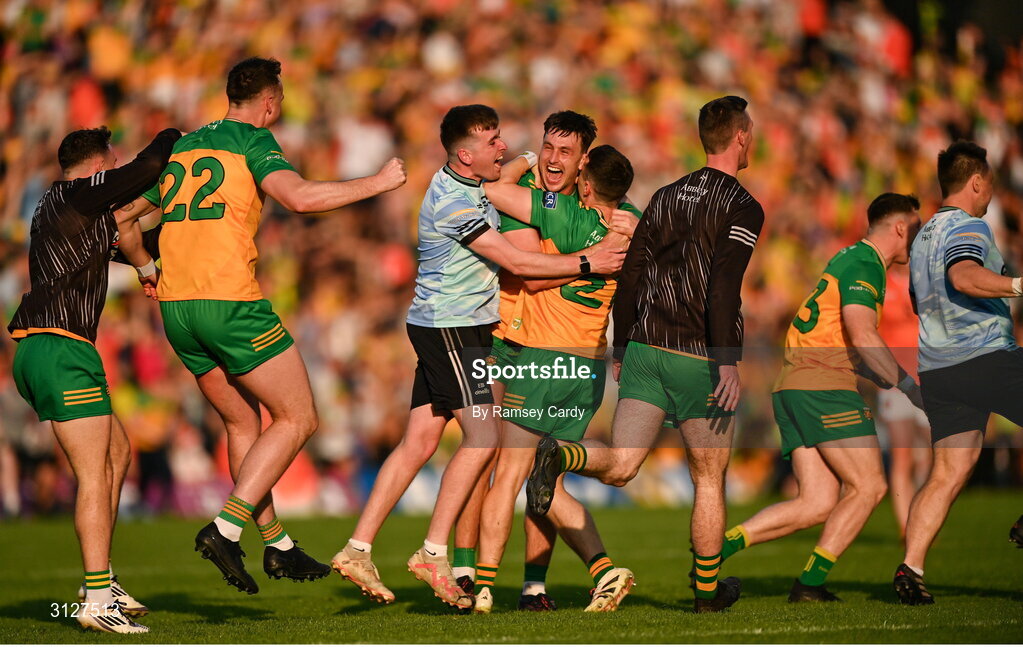 10 May 2025; Donegal players celebrate after the Ulster GAA Football Senior Championship final match between Armagh and Donegal at St Tiernach's Park in Clones, Monaghan. Photo by Ramsey Cardy/Sportsfile