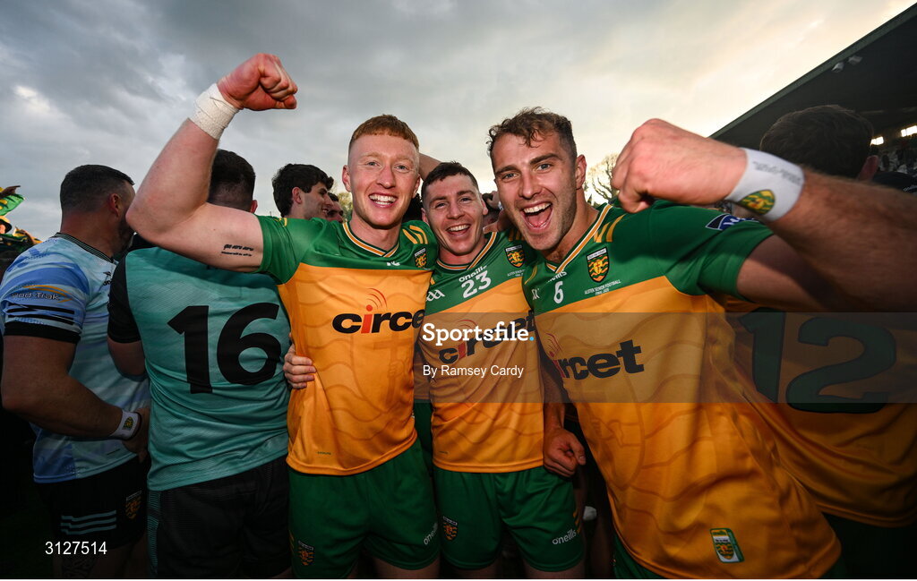 10 May 2025; Oisin Gallen, left, Jamie Brennan, centre, and Stephen McMenamin of Donegal celebrate after the Ulster GAA Football Senior Championship final match between Armagh and Donegal at St Tiernach's Park in Clones, Monaghan. Photo by Ramsey Cardy/Sportsfile