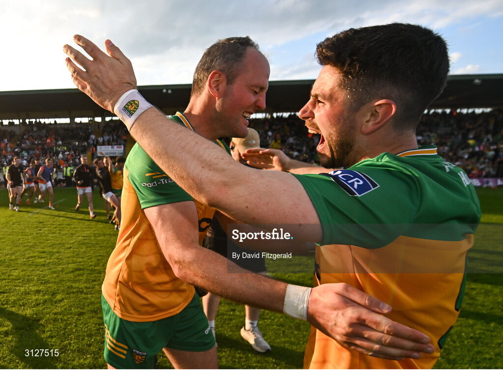 10 May 2025; Michael Murphy of Donegal, left, and Ryan McHugh celebrate after the Ulster GAA Football Senior Championship final match between Armagh and Donegal at St Tiernach's Park in Clones, Monaghan. Photo by David Fitzgerald/Sportsfile