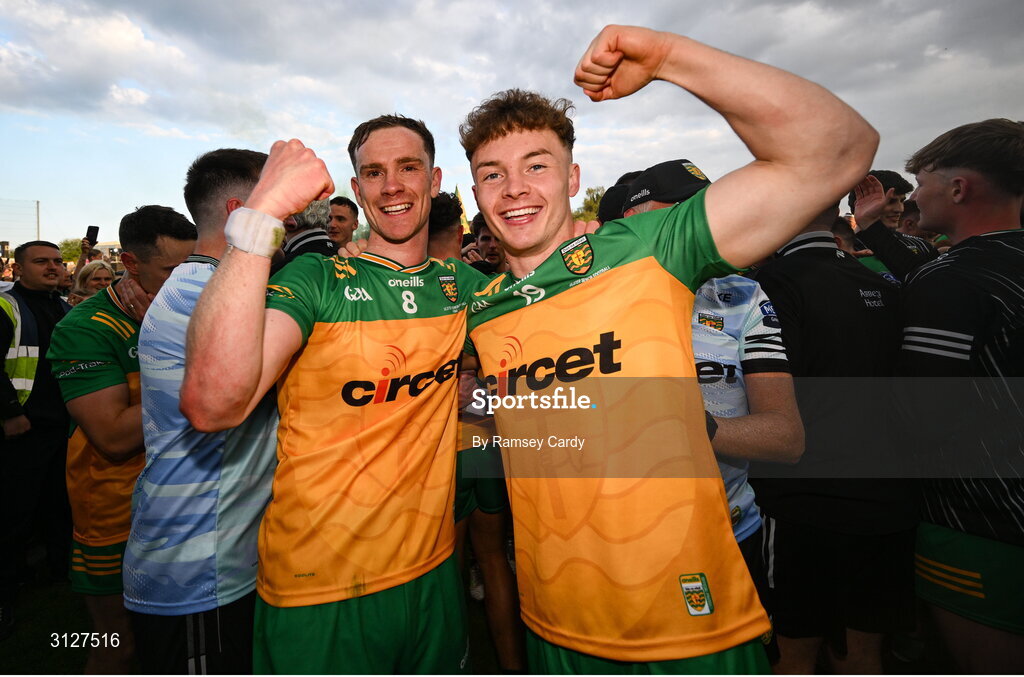 10 May 2025; Ciaran Thompson, left, and Odhran Doherty of Donegal celebrate after the Ulster GAA Football Senior Championship final match between Armagh and Donegal at St Tiernach's Park in Clones, Monaghan. Photo by Ramsey Cardy/Sportsfile