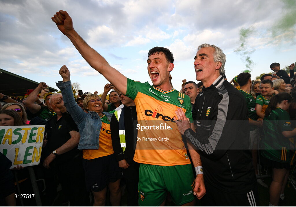 10 May 2025; Donegal manager Jim McGuinness and Michael Langan of Donegal celebrate after the Ulster GAA Football Senior Championship final match between Armagh and Donegal at St Tiernach's Park in Clones, Monaghan. Photo by Ramsey Cardy/Sportsfile