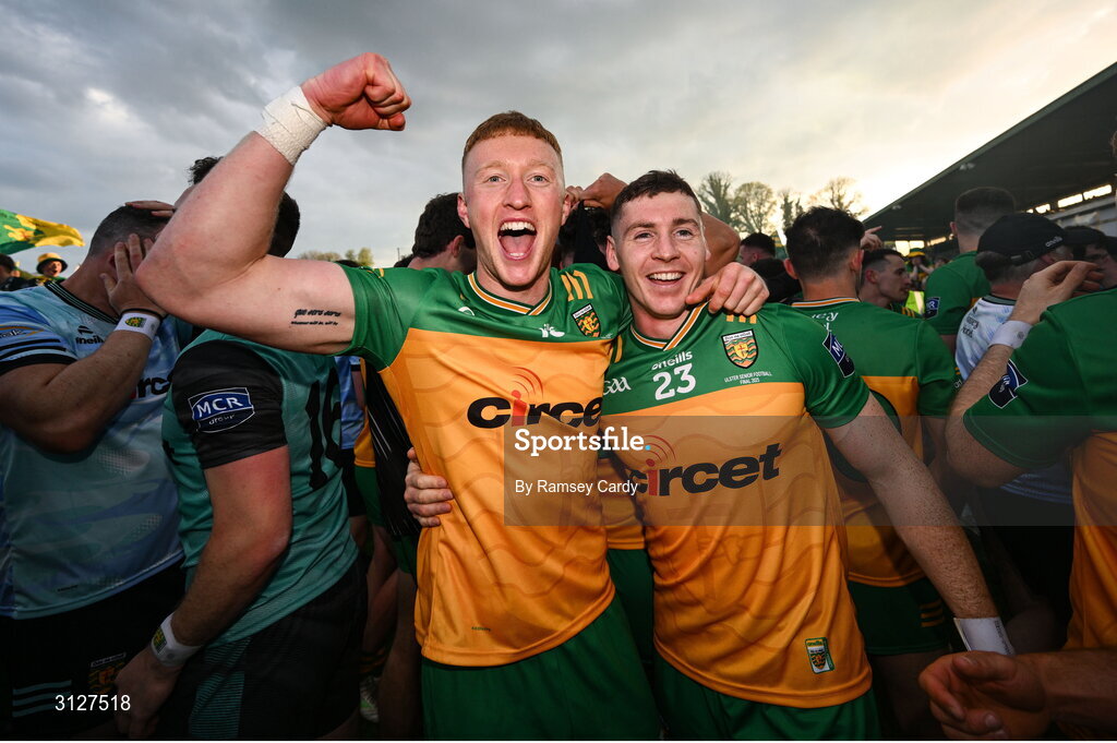 10 May 2025; Oisin Gallen, left, and Jamie Brennan of Donegal celebrate after the Ulster GAA Football Senior Championship final match between Armagh and Donegal at St Tiernach's Park in Clones, Monaghan. Photo by Ramsey Cardy/Sportsfile