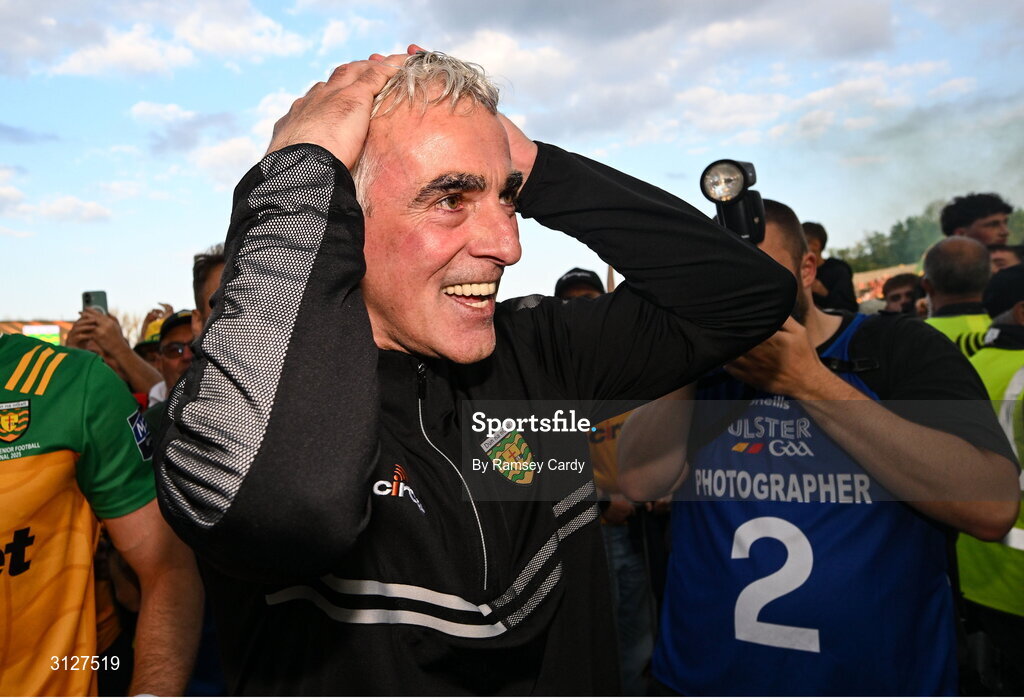 10 May 2025; Donegal manager Jim McGuinness celebrates after the Ulster GAA Football Senior Championship final match between Armagh and Donegal at St Tiernach's Park in Clones, Monaghan. Photo by Ramsey Cardy/Sportsfile