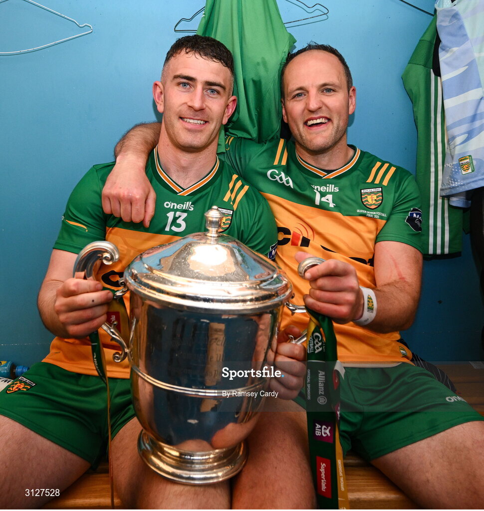 10 May 2025; Patrick McBrearty, left, and Michael Murphy of Donegal with the Anglo-Celt Cup in the dressing room after the Ulster GAA Football Senior Championship final match between Armagh and Donegal at St Tiernach's Park in Clones, Monaghan. Photo by Ramsey Cardy/Sportsfile