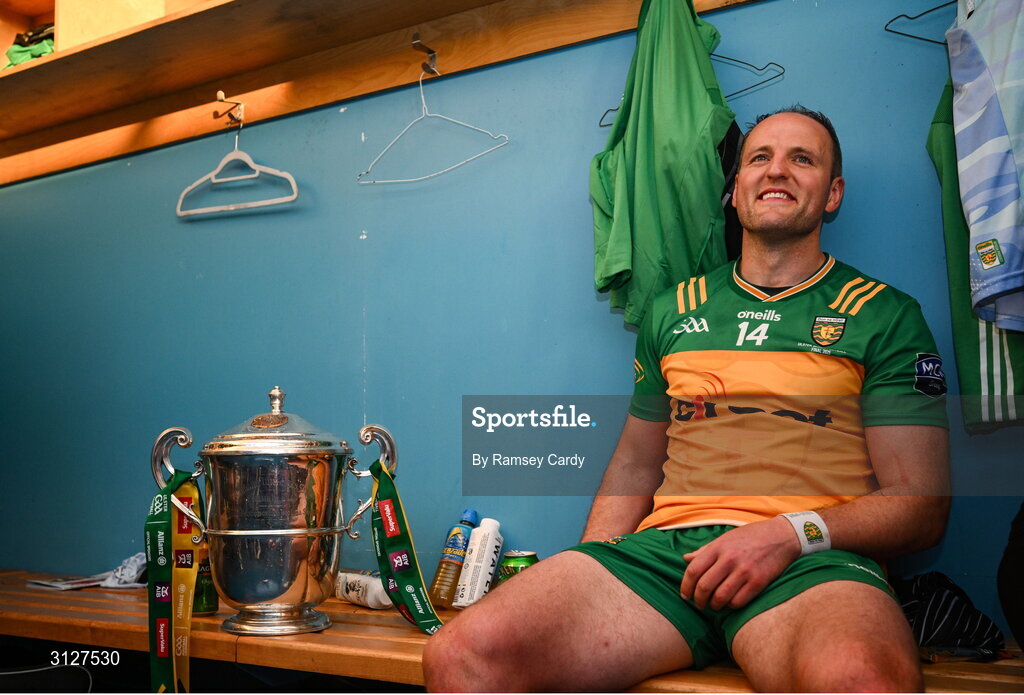 10 May 2025; Michael Murphy of Donegal with the Anglo-Celt Cup in the dressing room after the Ulster GAA Football Senior Championship final match between Armagh and Donegal at St Tiernach's Park in Clones, Monaghan. Photo by Ramsey Cardy/Sportsfile