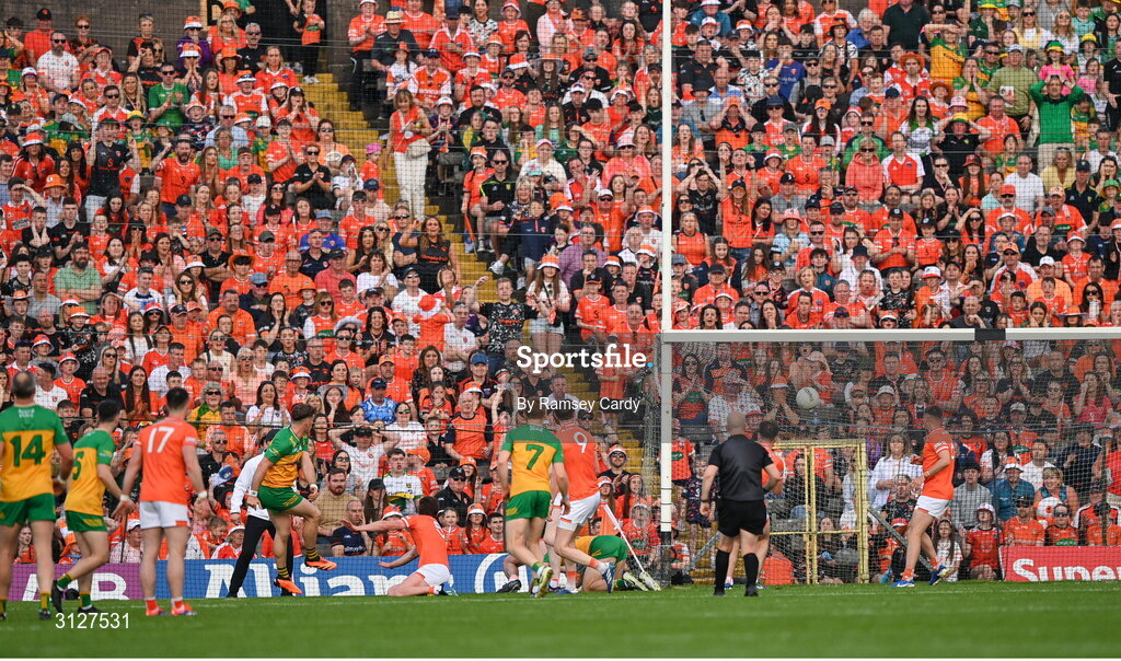 10 May 2025; Hugh McFadden of Donegal scores his side's first goal during the Ulster GAA Football Senior Championship final match between Armagh and Donegal at St Tiernach's Park in Clones, Monaghan. Photo by Ramsey Cardy/Sportsfile