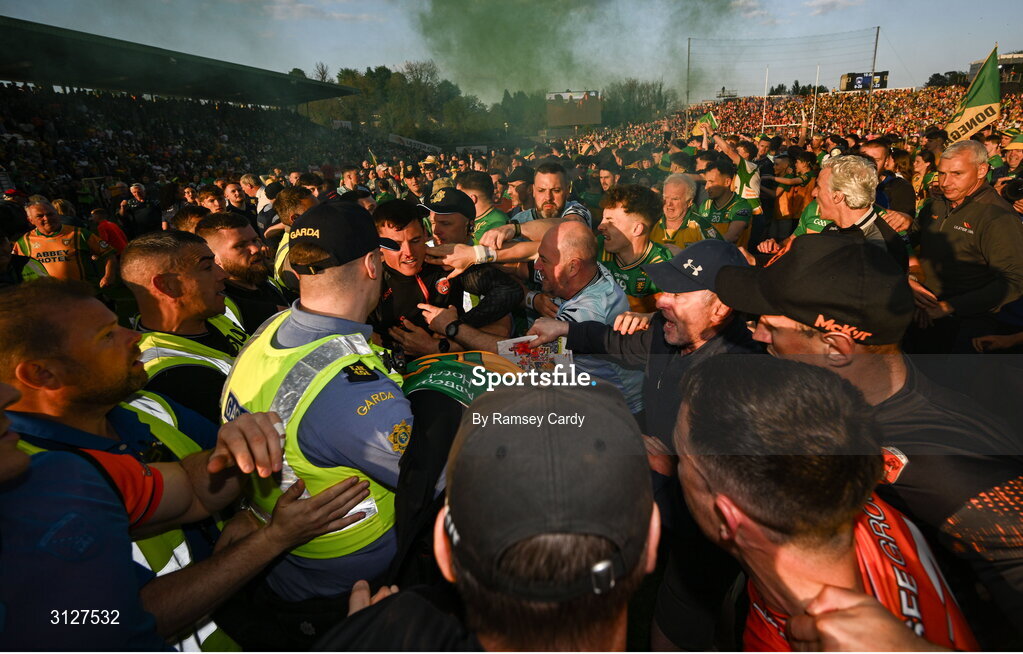10 May 2025; Players from both teams tussle after the Ulster GAA Football Senior Championship final match between Armagh and Donegal at St Tiernach's Park in Clones, Monaghan. Photo by Ramsey Cardy/Sportsfile