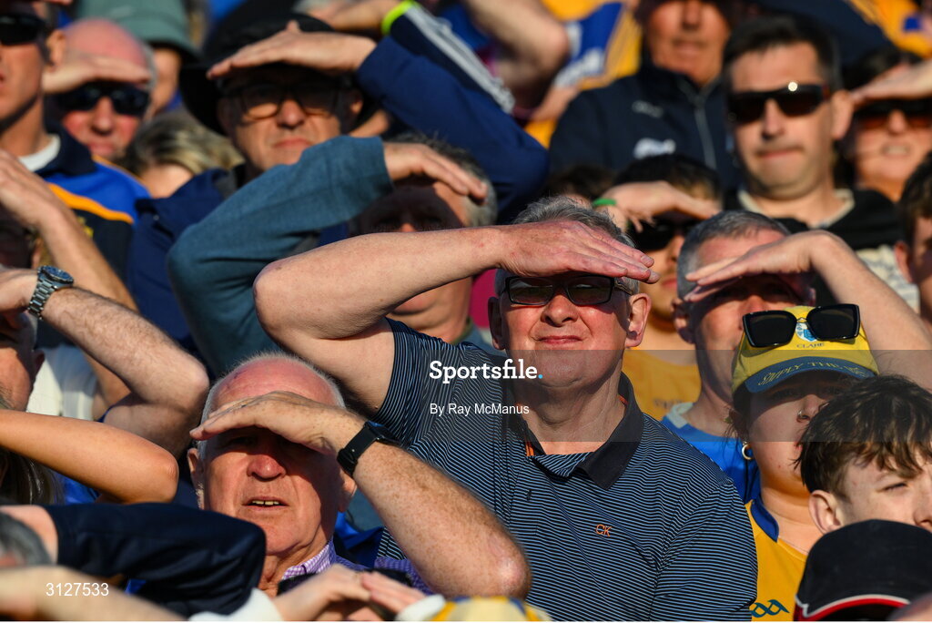 10 May 2025; A section of the 20,685, mostly Clare supporters, who attended the Munster GAA Hurling Senior Championship Round 3 match between Clare and Tipperary at Zimmer Biomet Páirc Chíosóg in Ennis, Clare. Photo by Ray McManus/Sportsfile