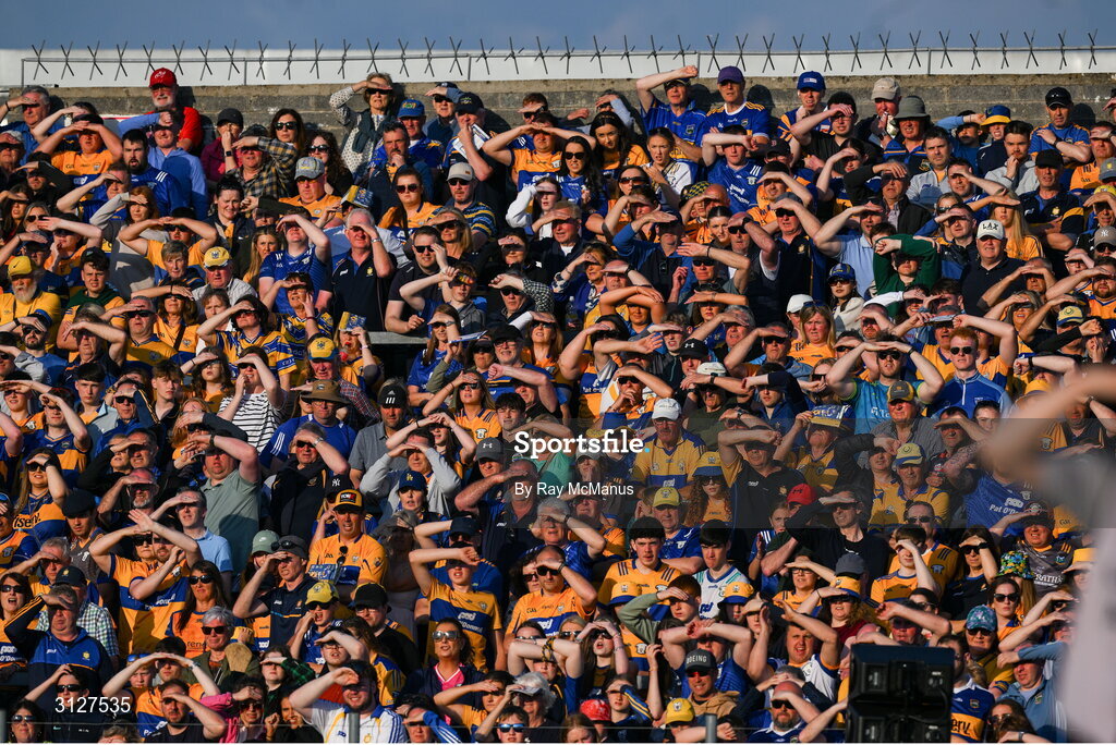 10 May 2025; A section of the 20,685, mostly Clare supporters, who attended the Munster GAA Hurling Senior Championship Round 3 match between Clare and Tipperary at Zimmer Biomet Páirc Chíosóg in Ennis, Clare. Photo by Ray McManus/Sportsfile
