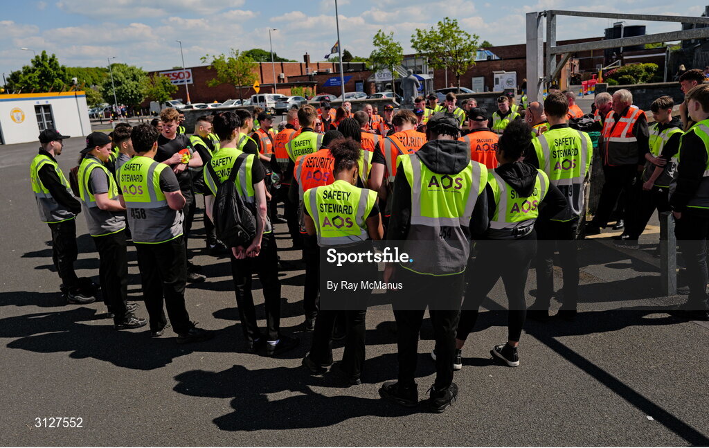 10 May 2025; Safety stweards listen to instructions before going tpo their posts in advance of the Munster GAA Hurling Senior Championship Round 3 match between Clare and Tipperary at Zimmer Biomet Páirc Chíosóg in Ennis, Clare. Photo by Ray McManus/Sportsfile