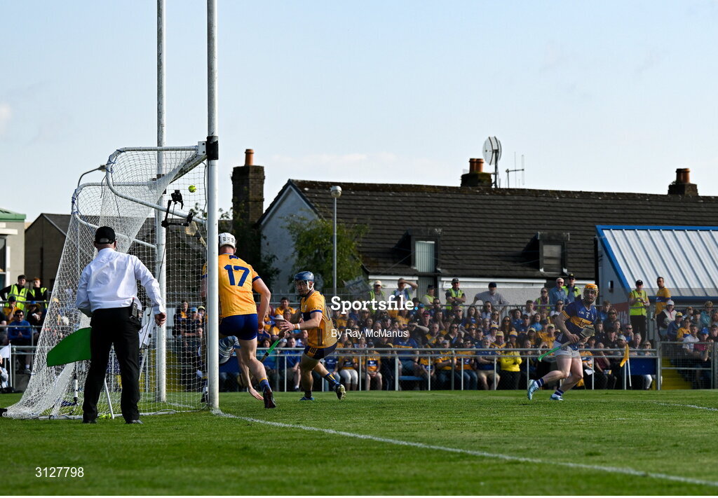 10 May 2025; Andrew Ormond of Tipperary, right, scores a goal during the Munster GAA Hurling Senior Championship Round 3 match between Clare and Tipperary at Zimmer Biomet Páirc Chíosóg in Ennis, Clare. Photo by Ray McManus/Sportsfile